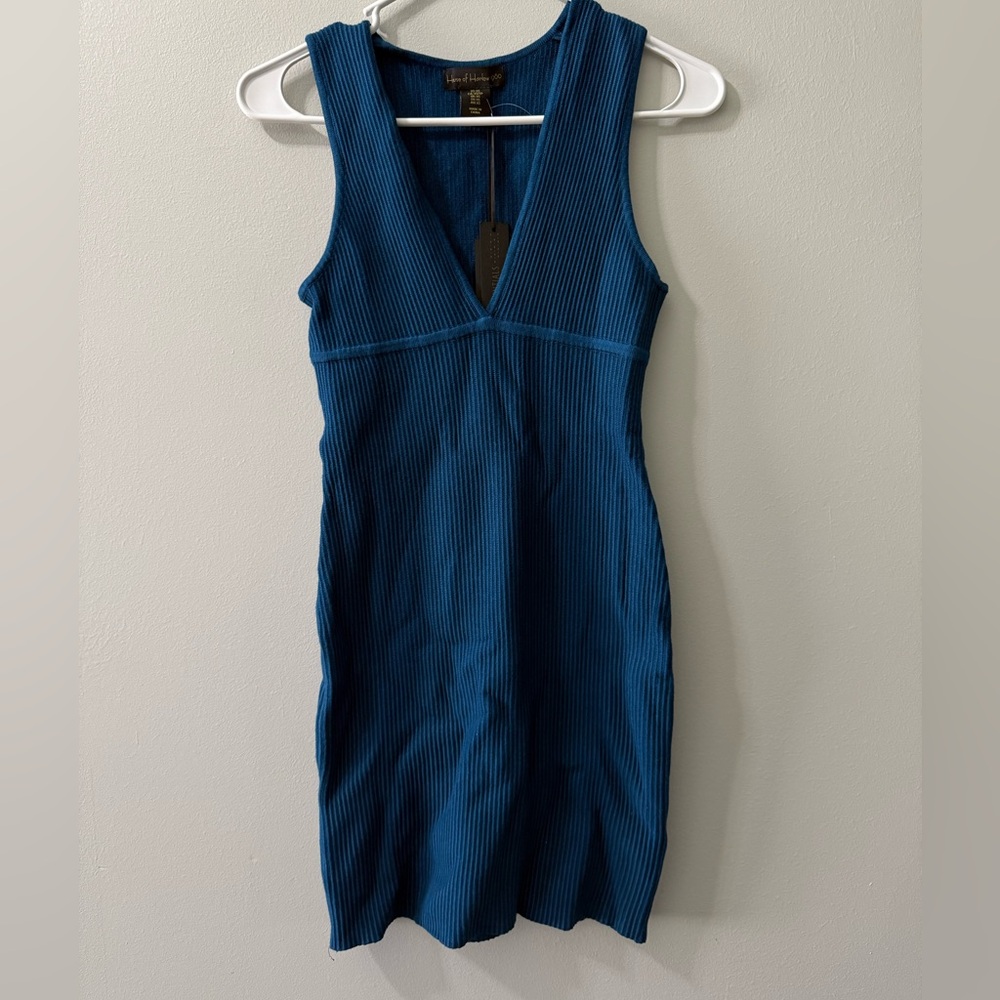 House of Harlow 1960 v-neck knit teal blue Compression mini‎ dress NEW